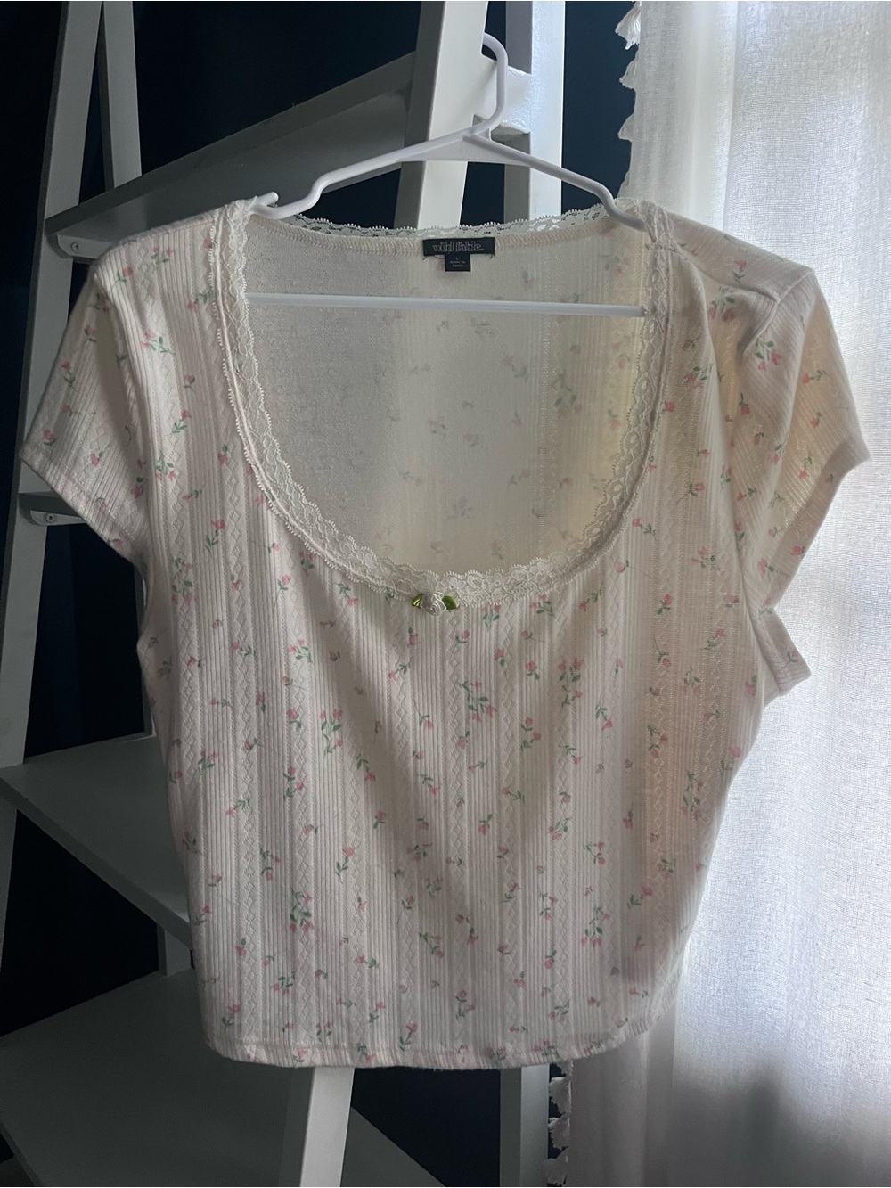 wild fable Cream Floral Lace-Trim Short Sleeve Chemise Top